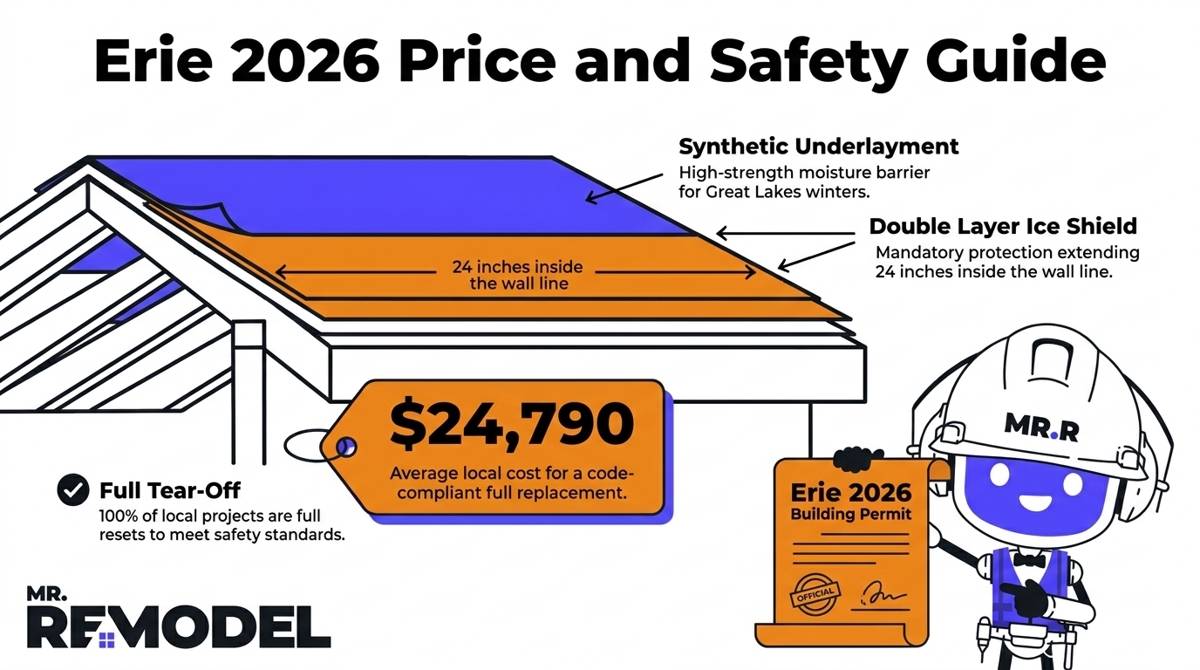 A 2026 Erie roofing cost infographic showing the 24,790 dollar price baseline and the mandatory ice shield layers required by Pennsylvania building codes.